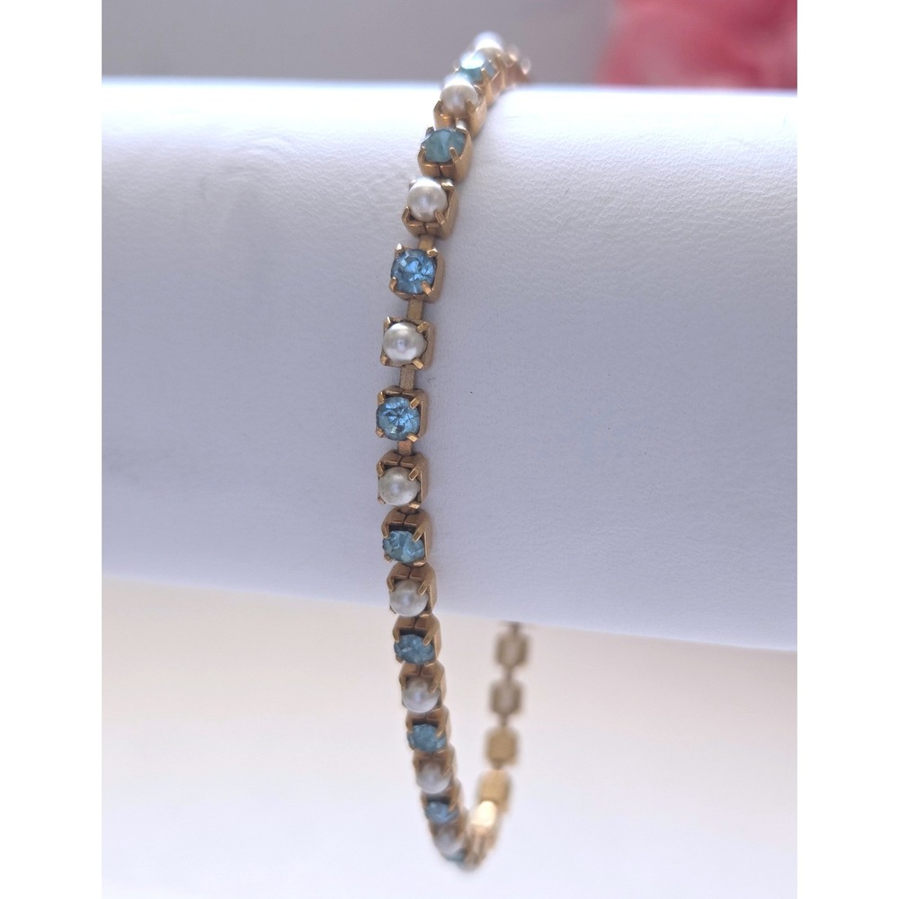 VTG Avon Gold Tone Tennis Bracelet Blue Crystal Faux Pearl 7" Dainty Minimalist